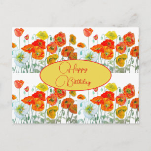 Postal Feliz Cumpleaños Poppy floral Rojo Amarillo Tarjet