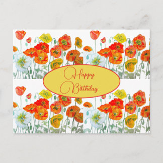 Postal Feliz Cumpleaños Poppy floral Rojo Amarillo Tarjet