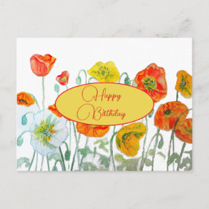 Postal Feliz Cumpleaños Poppy floral Rojo Amarillo Tarjet