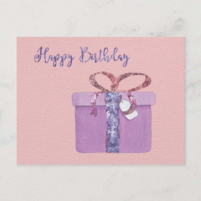 Postal Feliz cumpleaños presente en rosa (Anverso)