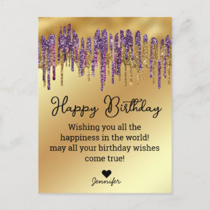 Postal feliz cumpleaños púrpura oro goteo brillos metal