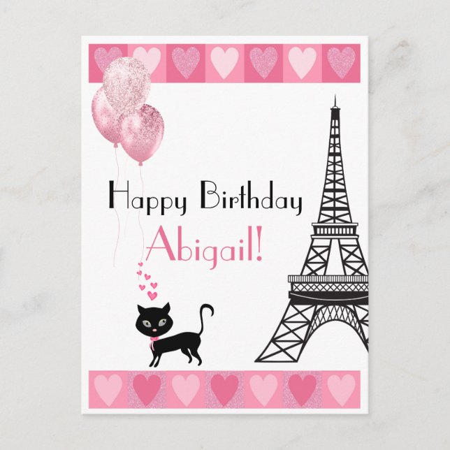 Postal Feliz cumpleaños Purpurina corazón rosado gato en  (Anverso)