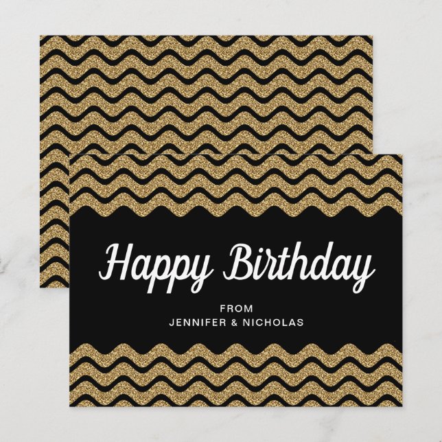 Postal Feliz cumpleaños Purpurina de oro Black Chevron St (Anverso / Reverso)