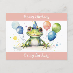 Postal Feliz cumpleaños rana verde linda con globos