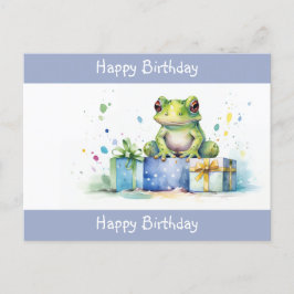 Postal Feliz cumpleaños rana verde linda con regalos envu