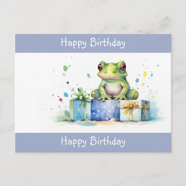 Postal Feliz cumpleaños rana verde linda con regalos envu (Anverso)