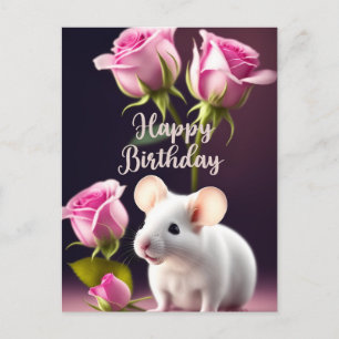 Postal Feliz Cumpleaños Ratón Adorable con Rosas Rosadas 