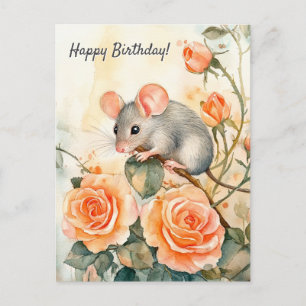 Postal Feliz cumpleaños ratón y rosas