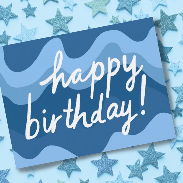 Postal FELIZ CUMPLEAÑOS Rayas Onduladas Coloridas Diverti (Sweet happy birthday postcard with blue stripes. Customize by adding your own text to the back side.)