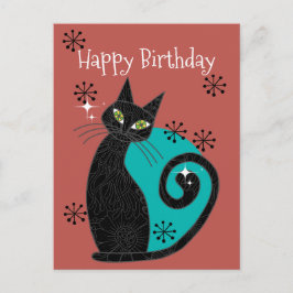 Postal Feliz cumpleaños retro gato atómico modernidad de 