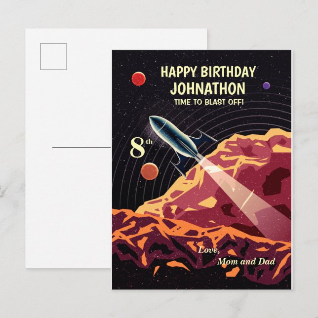 Postal Feliz cumpleaños Rocket Space Universo (Anverso / Reverso)