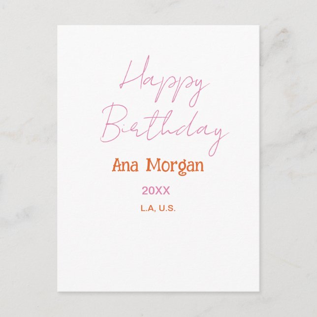POSTAL FELIZ CUMPLEAÑOS ROSA NARANJA NOMBRE SIMPLE AÑO LU (Anverso)
