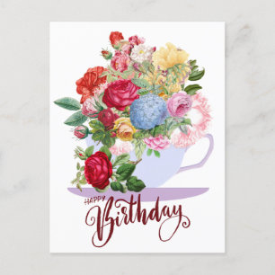 Postal Feliz Cumpleaños Rosas Antiguas en una Taza de Té