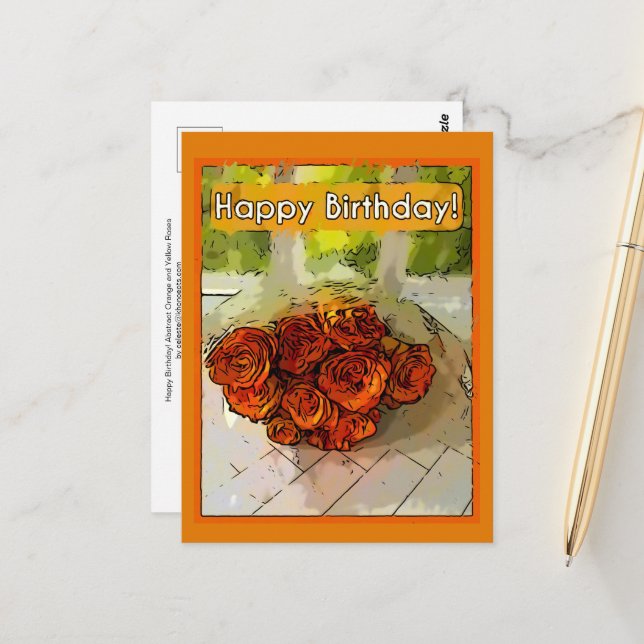 Postal ¡Feliz Cumpleaños! Rosas Naranjas y Amarillas Abst (Anverso/Reverso In Situ)