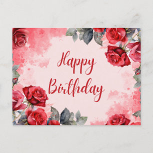 Postal Feliz Cumpleaños Rosas Rojas Acuarela