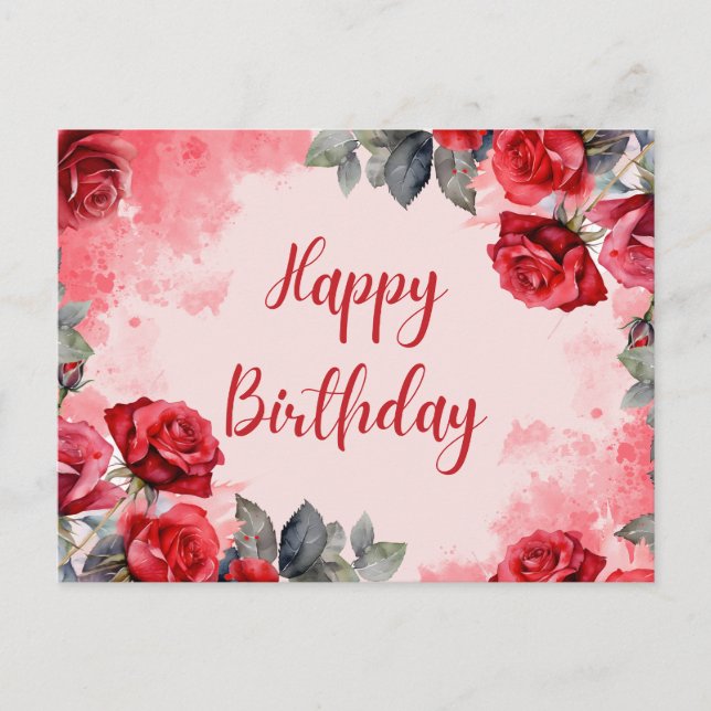 Postal Feliz Cumpleaños Rosas Rojas Acuarela (Anverso)
