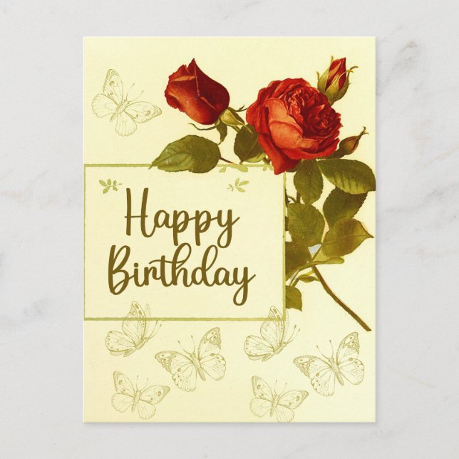 Postal Feliz cumpleaños, rosas rojas y mariposas vintage (Anverso)