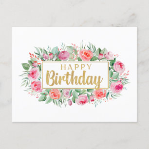 Postal Feliz Cumpleaños Rosas Rosadas Acuarela