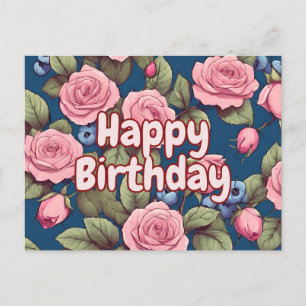 Postal Feliz Cumpleaños Rosas Rosadas Floral Azul