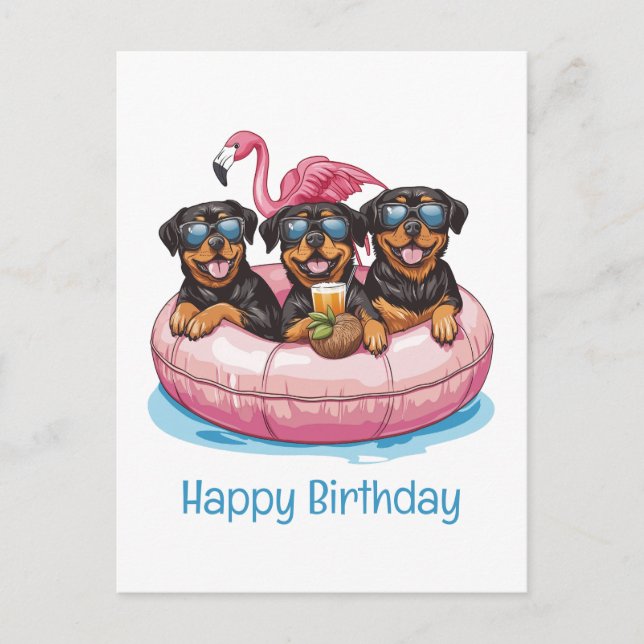 Postal Feliz cumpleaños Rottweiler Dogs Flamingo Pool Tub (Anverso)