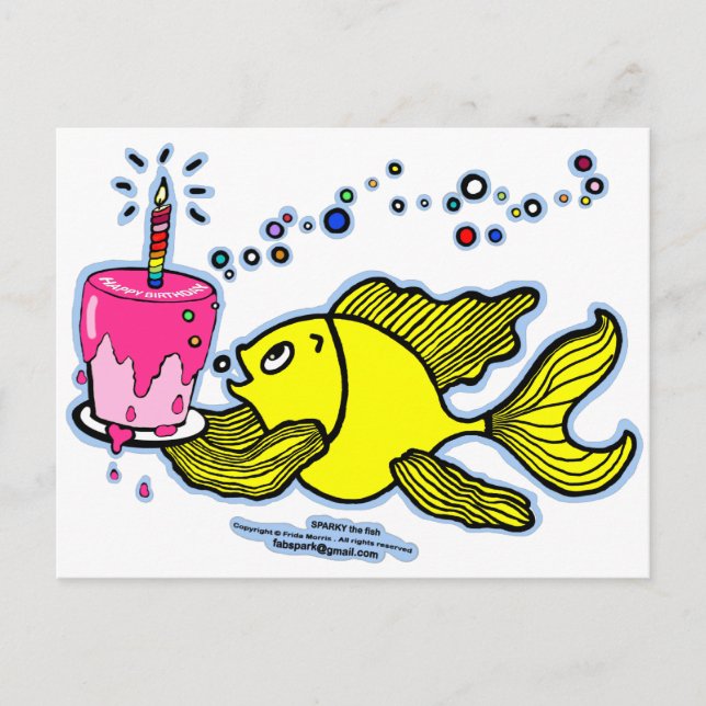 Postal Feliz cumpleaños, Sparky con una torta y una vela (Anverso)