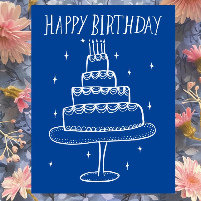 Postal Feliz cumpleaños, tarta de cumpleaños, capricho de (Happy Birthday Cake Whimsical Sketch Doodle Blue White Postcard
)