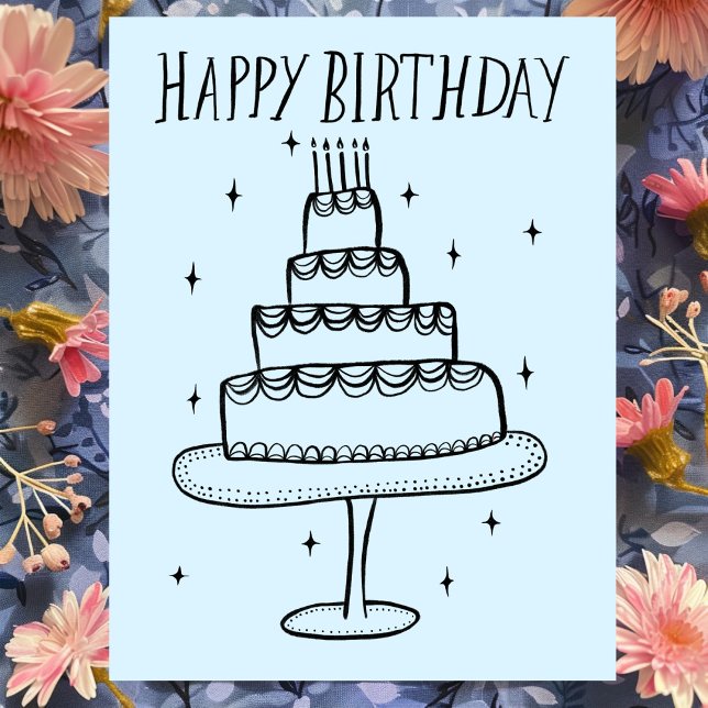 Postal Feliz cumpleaños, tarta de cumpleaños, capricho de (Happy Birthday Cake Whimsical Sketch Doodle Postcard
)