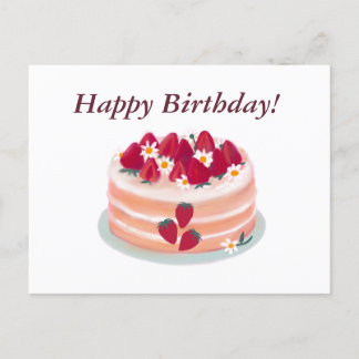 Postal Feliz Cumpleaños Tarta de Fresa y Flores