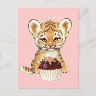 Postal Feliz Cumpleaños - Tigre Lindo con Cupcake