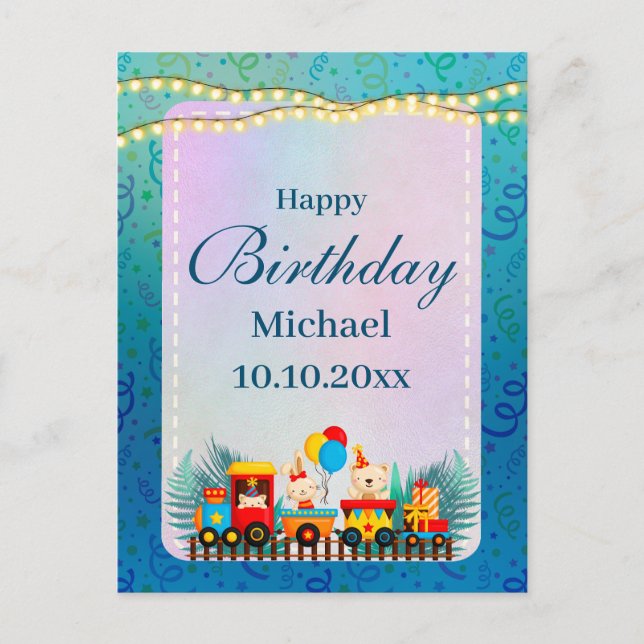 Postal Feliz Cumpleaños Tren Con Deseos De Animales Lindo (Anverso)