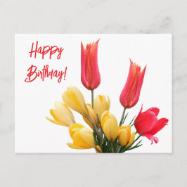 Postal Feliz cumpleaños tulipán rojo crocus amarillo amor