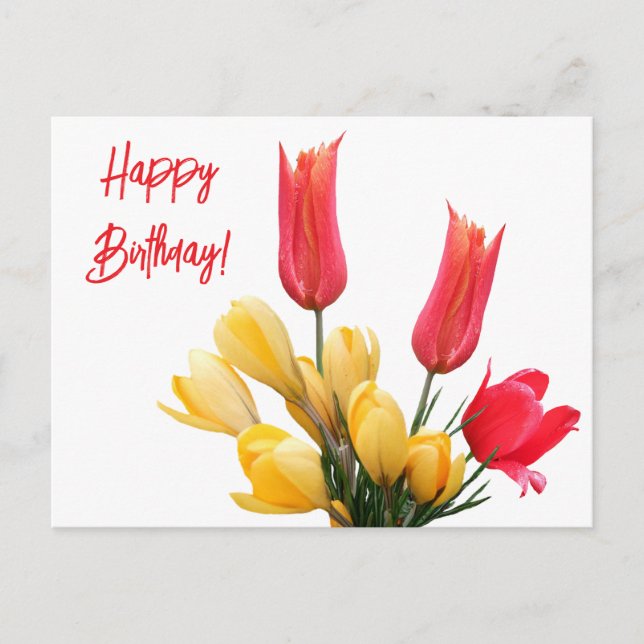 Postal Feliz cumpleaños tulipán rojo crocus amarillo amor (Anverso)