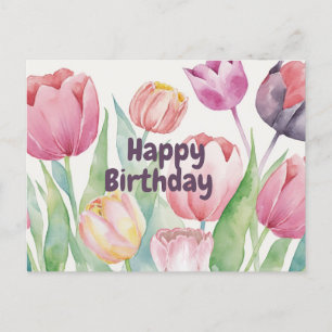 Postal Feliz Cumpleaños Tulipanes Acuarela Floral Abstrac