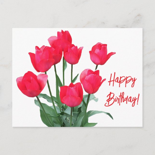 Postal Feliz cumpleaños tulipanes rojos coloridos florale (Anverso)
