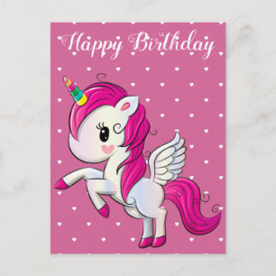 Postal Feliz cumpleaños, unicornio y corazones, personali