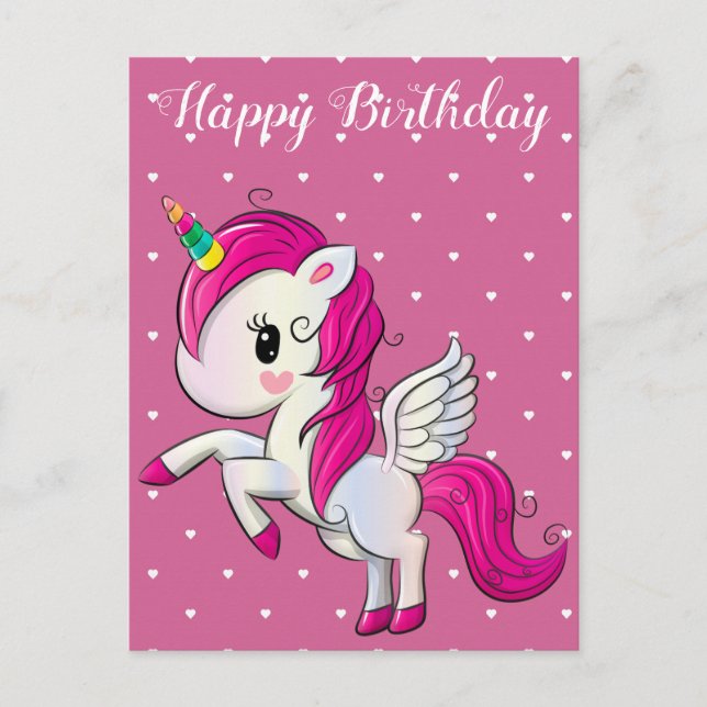 Postal Feliz cumpleaños, unicornio y corazones, personali (Anverso)