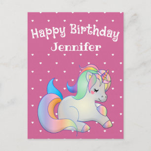 Postal Feliz cumpleaños, unicornio y corazones rosa femen