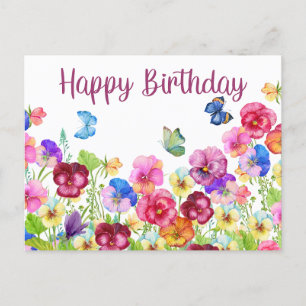 Postal Feliz Cumpleaños Vibrantes Flores de Pensamiento A