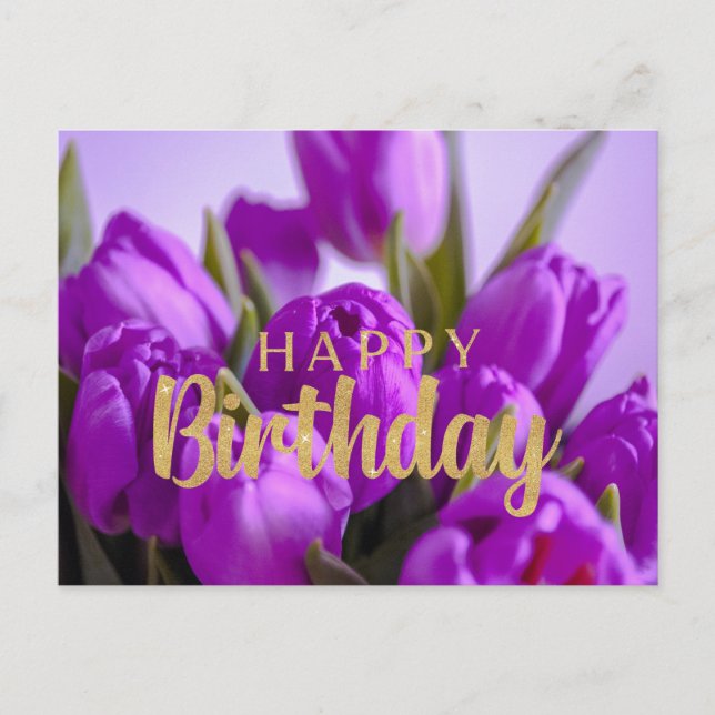 Postal Feliz Cumpleaños Vibrantes Flores de Tulipán Púrpu (Anverso)