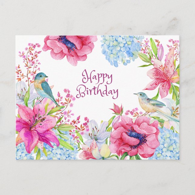 Postal Feliz cumpleaños, vibrantes flores y pájaros de co (Anverso)