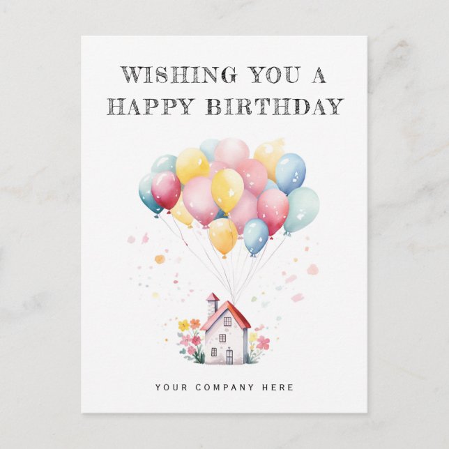 Postal Feliz cumpleaños Watercolor House Balloons Realty (Anverso)