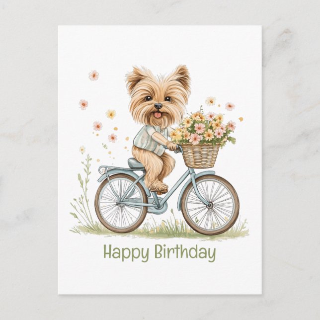 Postal Feliz Cumpleaños Yorkie en Bicicleta Flores de Pri (Anverso)