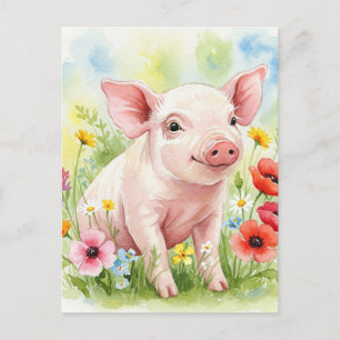 Postal feliz de flores de cerdo jóvenes animales