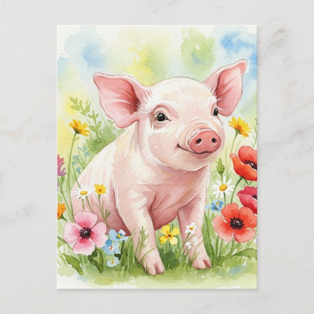 Postal feliz de flores de cerdo jóvenes animales (Anverso)