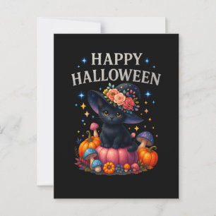 Postal feliz de Halloween con gato de calabaza