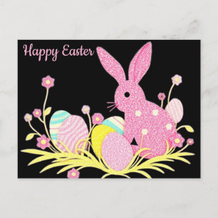 Postal feliz de Pascua con conejito rosa lindo
