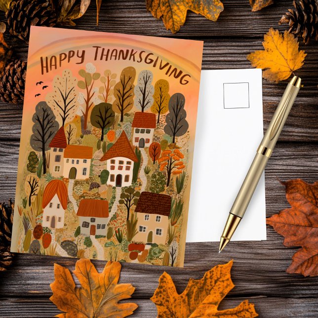 Postal Feliz Día de Acción de Gracias Encantador Pueblo d (Happy Thanksgiving Charming Autumn Village Cute Postcard
)