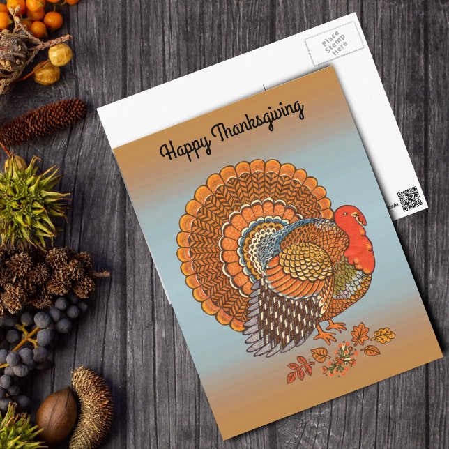 Postal Feliz Día de Acción de Gracias Pavo Macho Cola Aba (Male turkey orange browns in Autumn leaves fanned tail orange blue Thanksgiving postcard.)