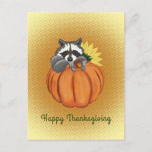 Postal Feliz Día de Acción de Gracias Raccoon, Calabaza,