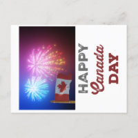 Feliz Día de Canadá, bandera y fuegos artificiales